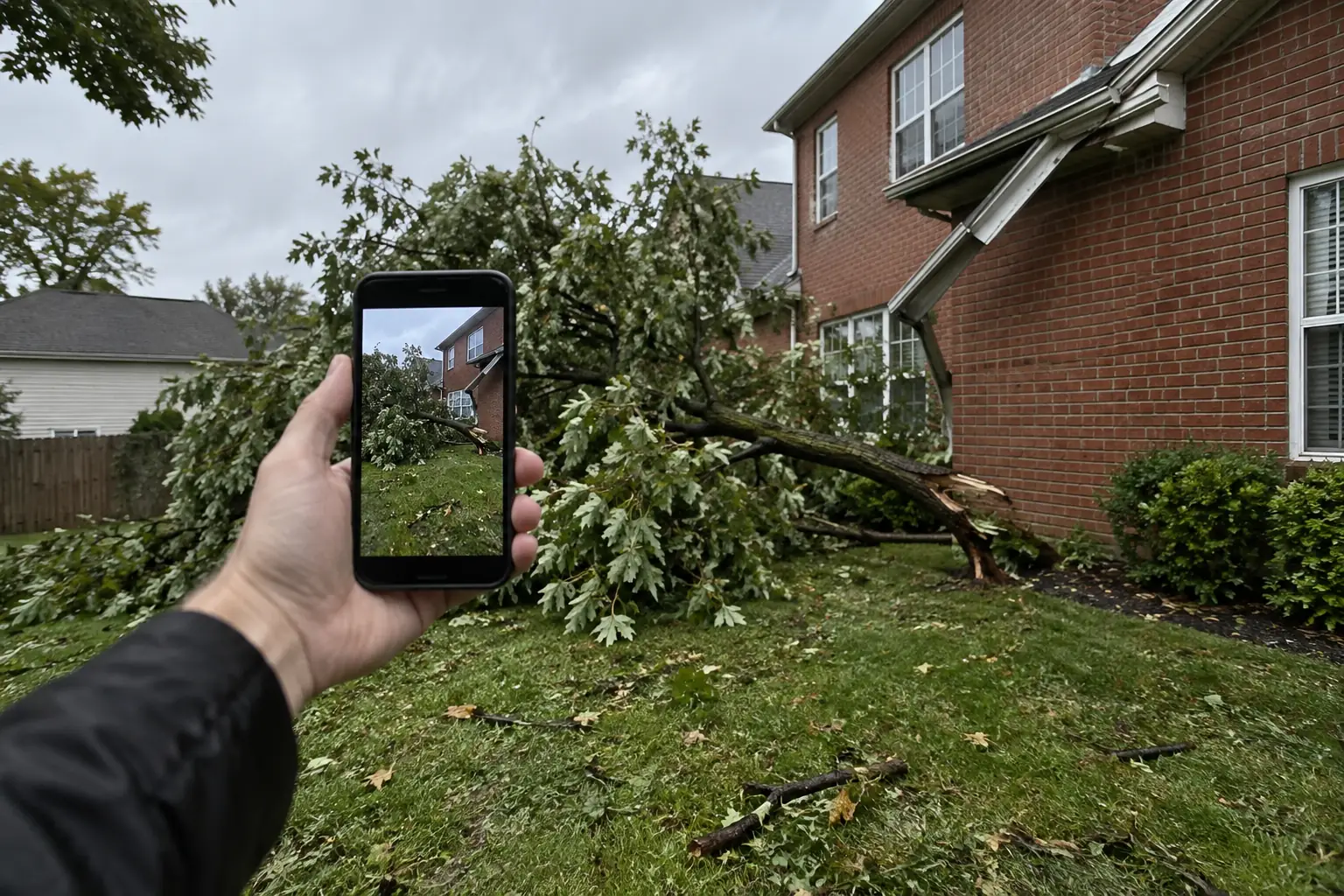 Hand holding a phone to photograph a fallen tree limb and a torn gutter after a storm in Indianapolis